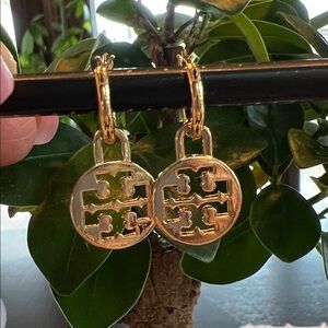 Tory Burch Gold Icon Drop Hoop Earrings